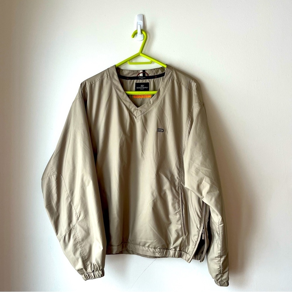 Dockers Golf Windbreaker Pullover Jacket Tan Fleece-Lined Stain Defender Size L